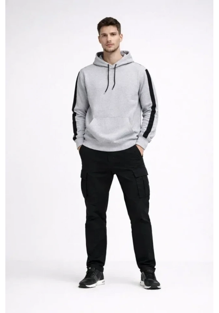 Erkek Şeritli Kapüşonlu Sweatshirt Oversize 3 Iplik Pamuklu - Beyaz