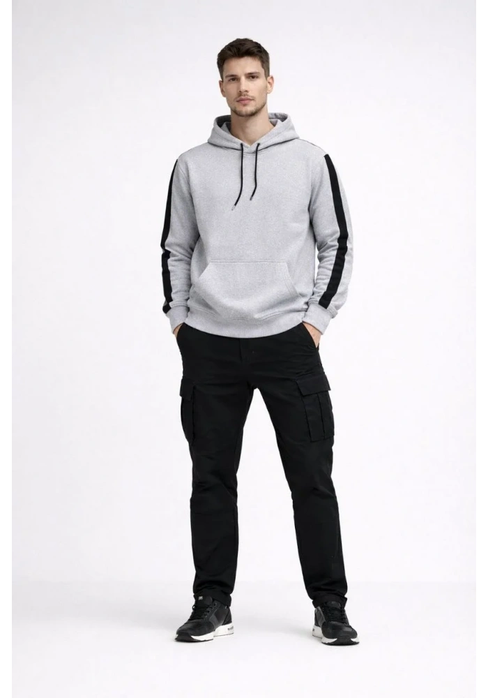 Erkek Şeritli Kapüşonlu Sweatshirt Oversize 3 iplik Pamuklu - Beyaz