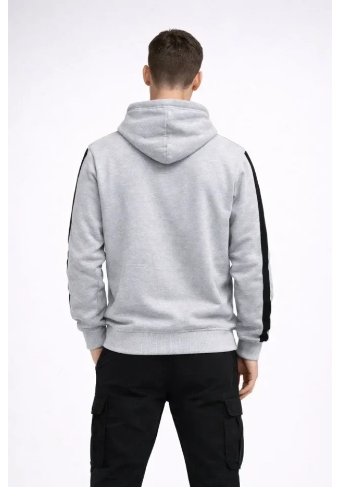 Erkek Şeritli Kapüşonlu Sweatshirt Oversize 3 Iplik Pamuklu - Beyaz