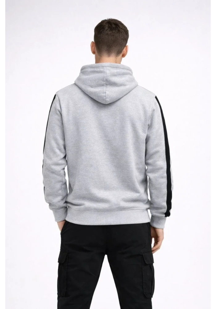 Erkek Şeritli Kapüşonlu Sweatshirt Oversize 3 iplik Pamuklu - Beyaz