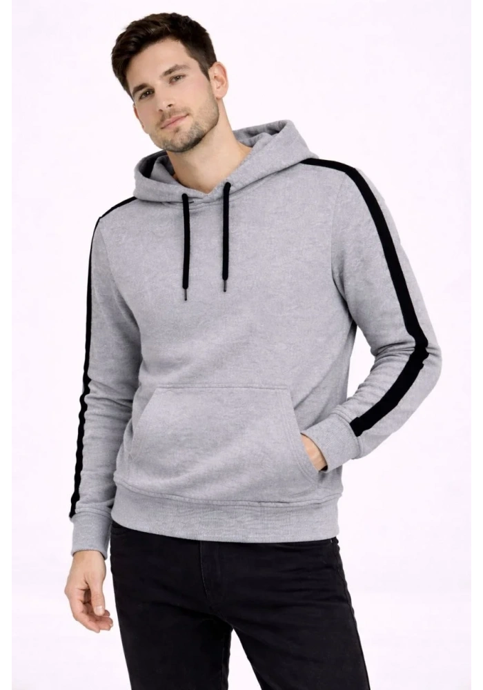 Erkek Şeritli Kapüşonlu Sweatshirt Oversize 3 iplik Pamuklu Hoodie - Gri