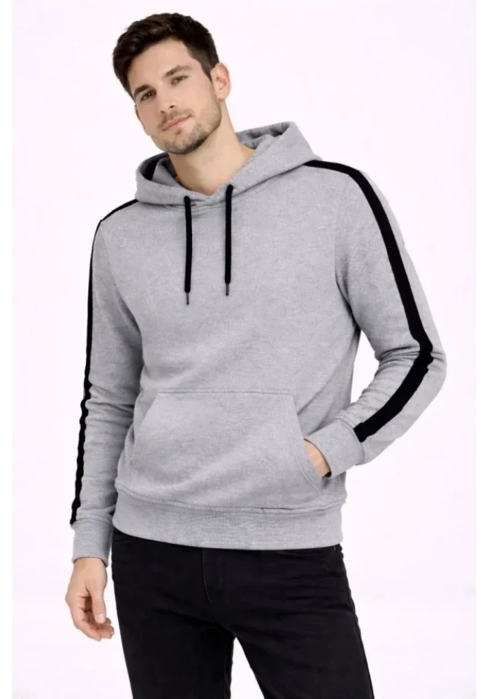 Erkek Şeritli Kapüşonlu Sweatshirt Oversize 3 Iplik Pamuklu - Gri