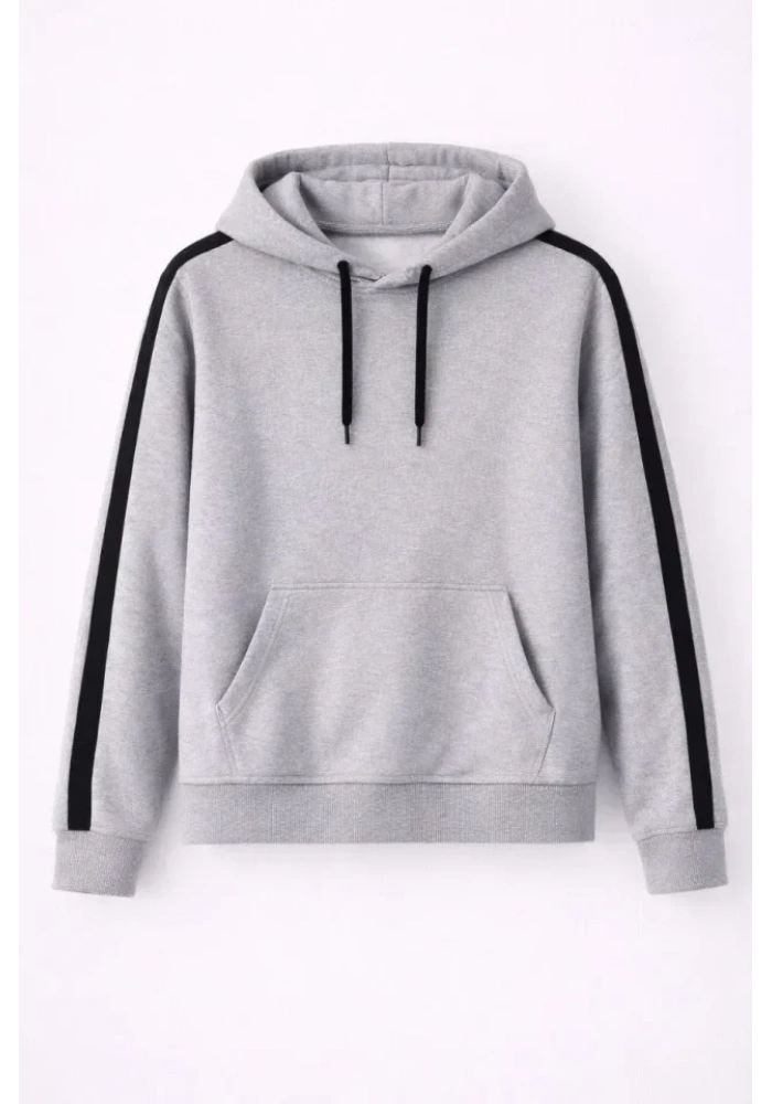 Erkek Şeritli Kapüşonlu Sweatshirt Oversize 3 Iplik Pamuklu - Gri