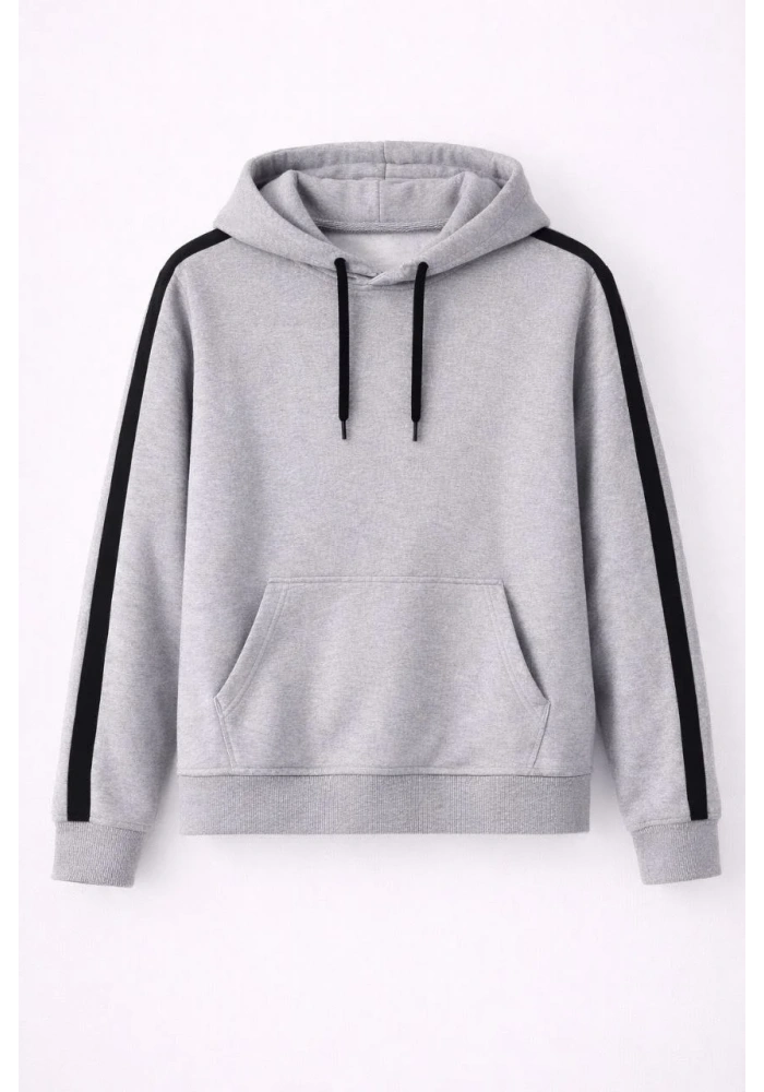 Erkek Şeritli Kapüşonlu Sweatshirt Oversize 3 iplik Pamuklu - Gri