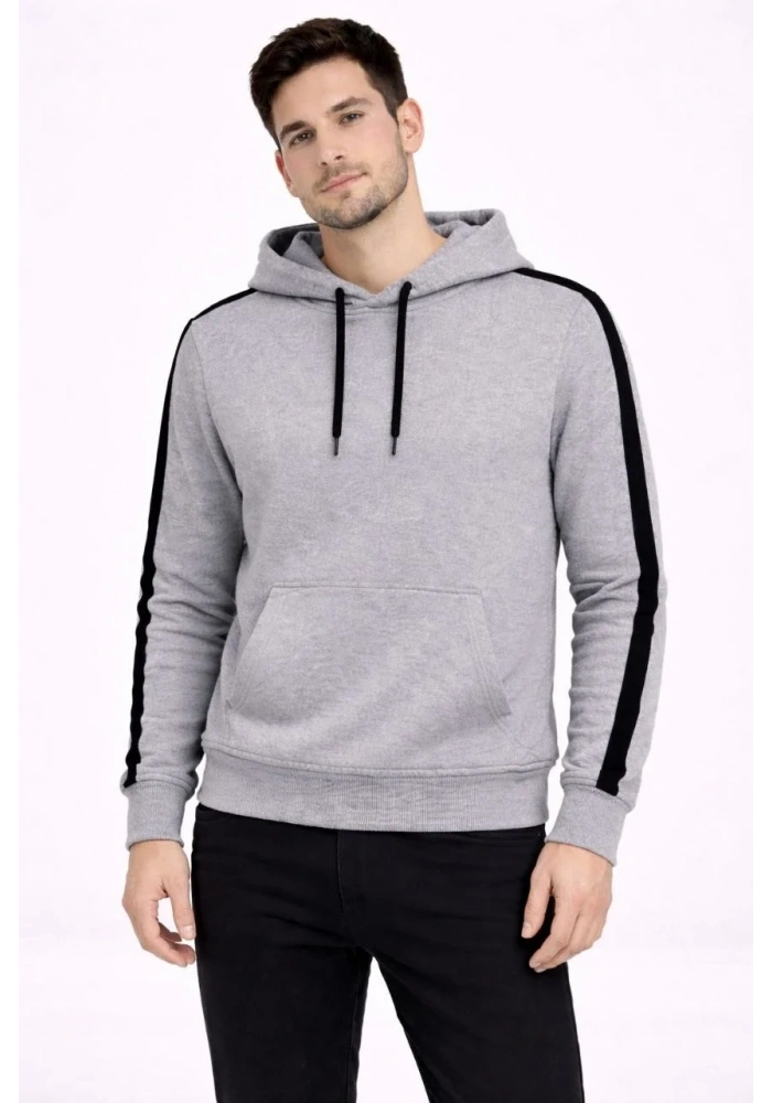 Erkek Şeritli Kapüşonlu Sweatshirt Oversize 3 iplik Pamuklu Hoodie - Gri