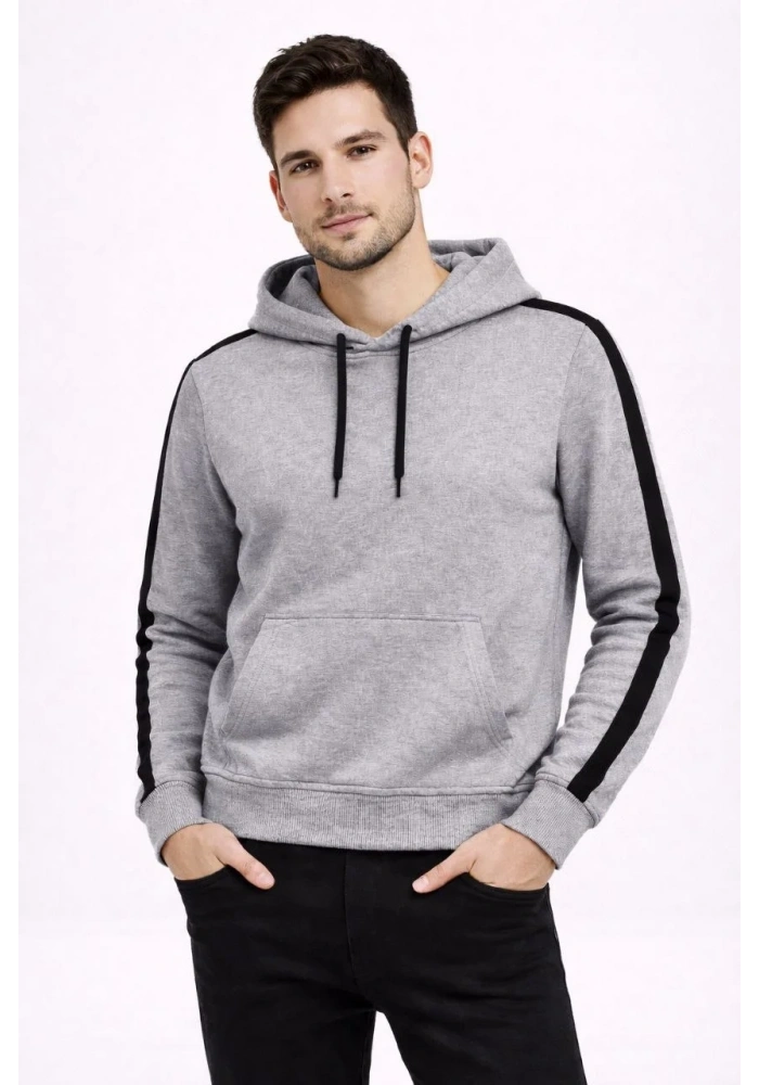 Erkek Şeritli Kapüşonlu Sweatshirt Oversize 3 iplik Pamuklu - Gri