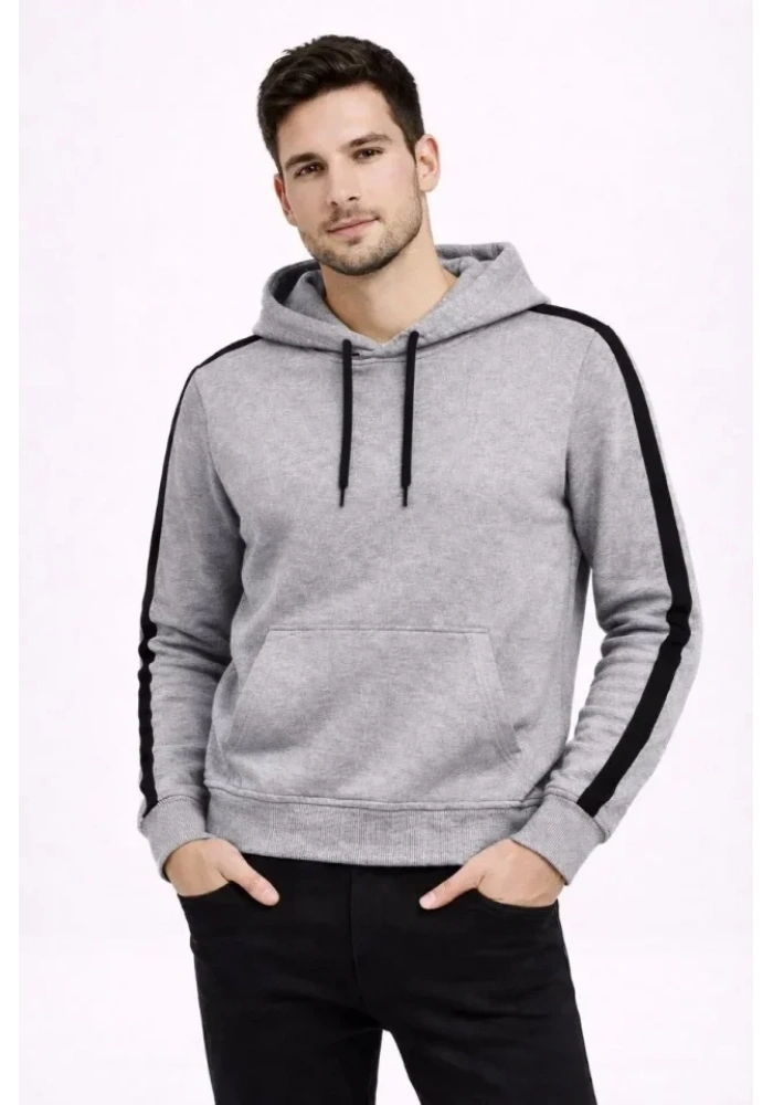 Erkek Şeritli Kapüşonlu Sweatshirt Oversize 3 Iplik Pamuklu - Gri