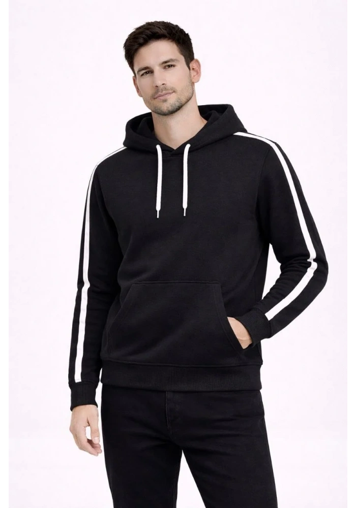 Erkek Şeritli Kapüşonlu Sweatshirt Oversize 3 iplik Pamuklu Hoodei - Siyah