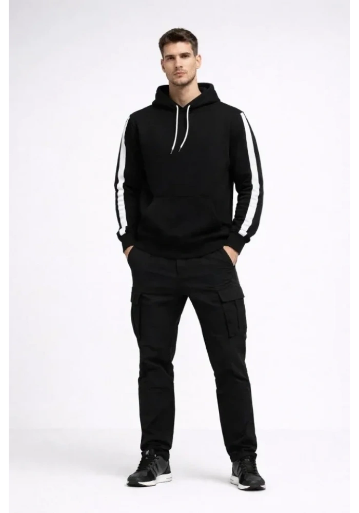 Erkek Şeritli Kapüşonlu Sweatshirt Oversize 3 Iplik Pamuklu - Siyah