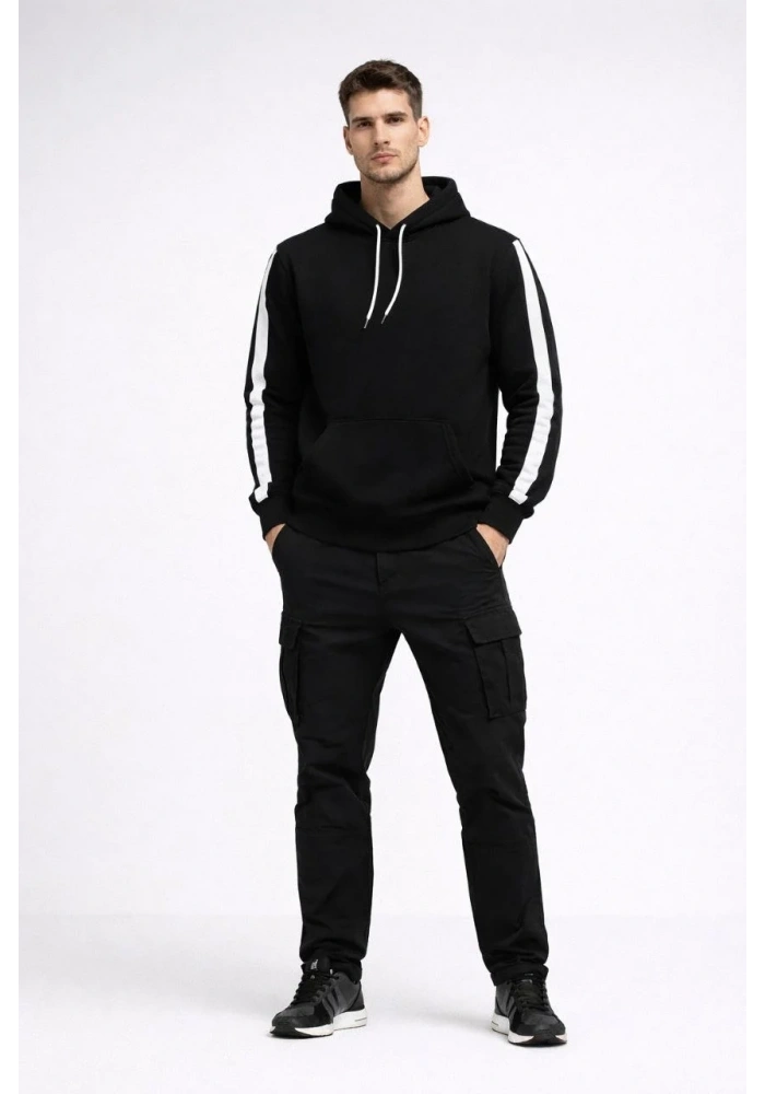 Erkek Şeritli Kapüşonlu Sweatshirt Oversize 3 iplik Pamuklu - Siyah