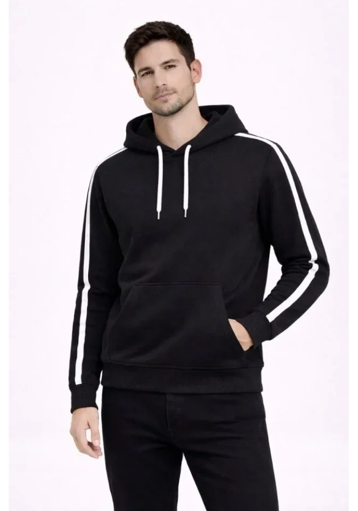 Erkek Şeritli Kapüşonlu Sweatshirt Oversize 3 Iplik Pamuklu - Siyah
