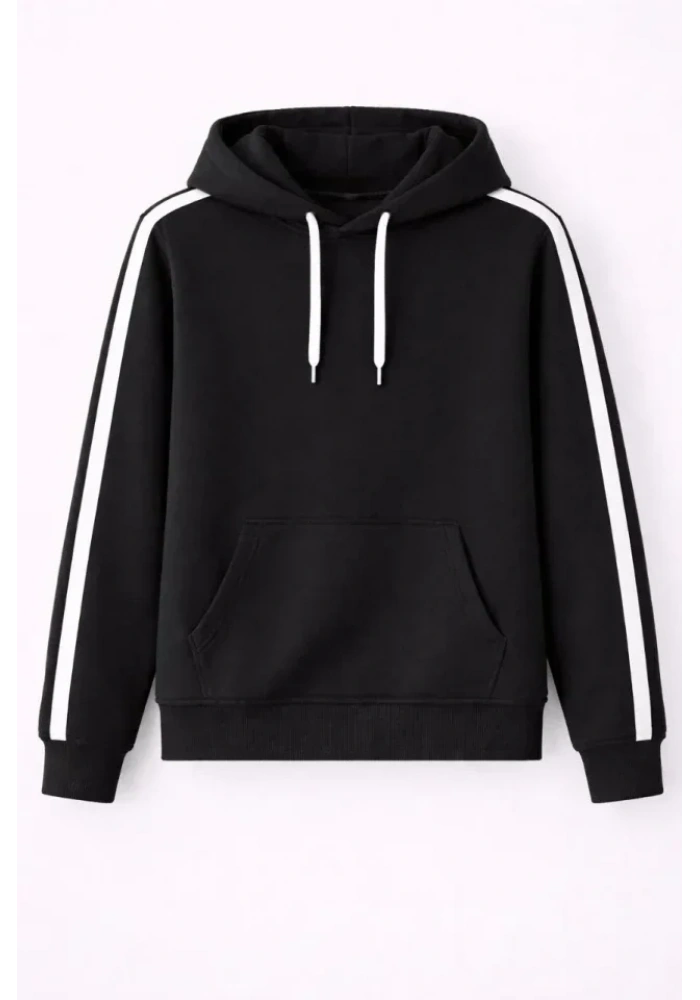 Erkek Şeritli Kapüşonlu Sweatshirt Oversize 3 Iplik Pamuklu - Siyah