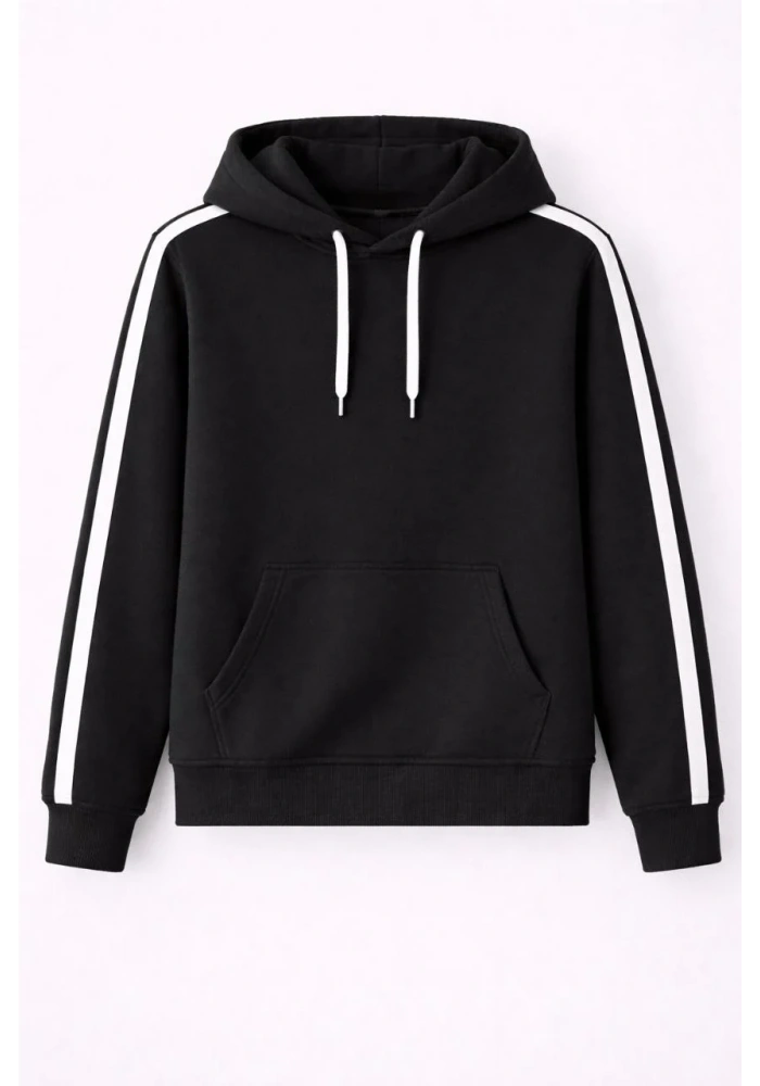 Erkek Şeritli Kapüşonlu Sweatshirt Oversize 3 iplik Pamuklu - Siyah
