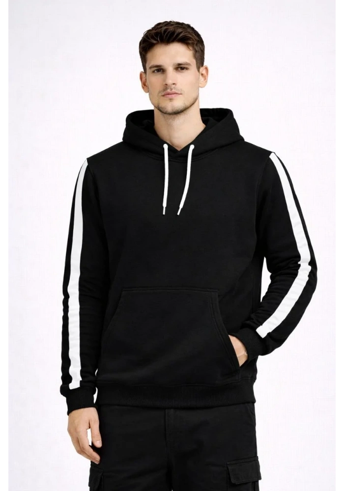 Erkek Şeritli Kapüşonlu Sweatshirt Oversize 3 iplik Pamuklu Hoodie - Siyah