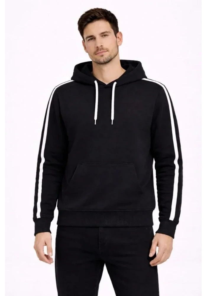 Erkek Şeritli Kapüşonlu Sweatshirt Oversize 3 Iplik Pamuklu - Siyah