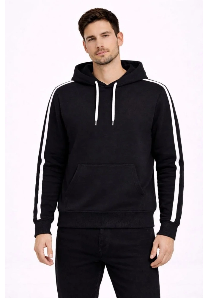 Erkek Şeritli Kapüşonlu Sweatshirt Oversize 3 iplik Pamuklu - Siyah