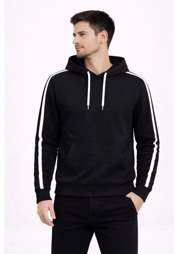 Erkek Şeritli Kapüşonlu Sweatshirt Oversize 3 iplik Pamuklu Hoodei - Siyah