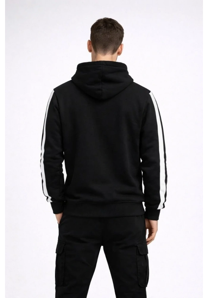 Erkek Şeritli Kapüşonlu Sweatshirt Oversize 3 iplik Pamuklu - Siyah