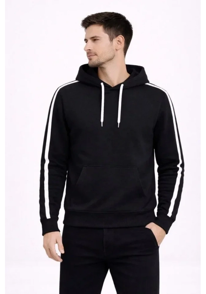 Erkek Şeritli Kapüşonlu Sweatshirt Oversize 3 Iplik Pamuklu - Siyah