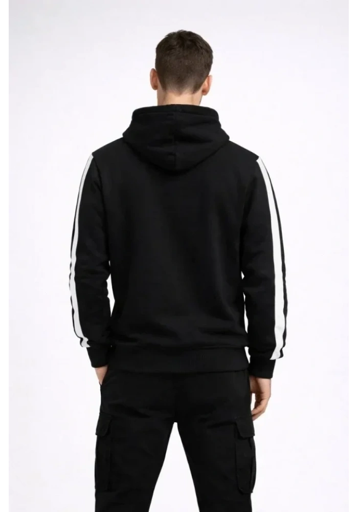 Erkek Şeritli Kapüşonlu Sweatshirt Oversize 3 Iplik Pamuklu - Siyah
