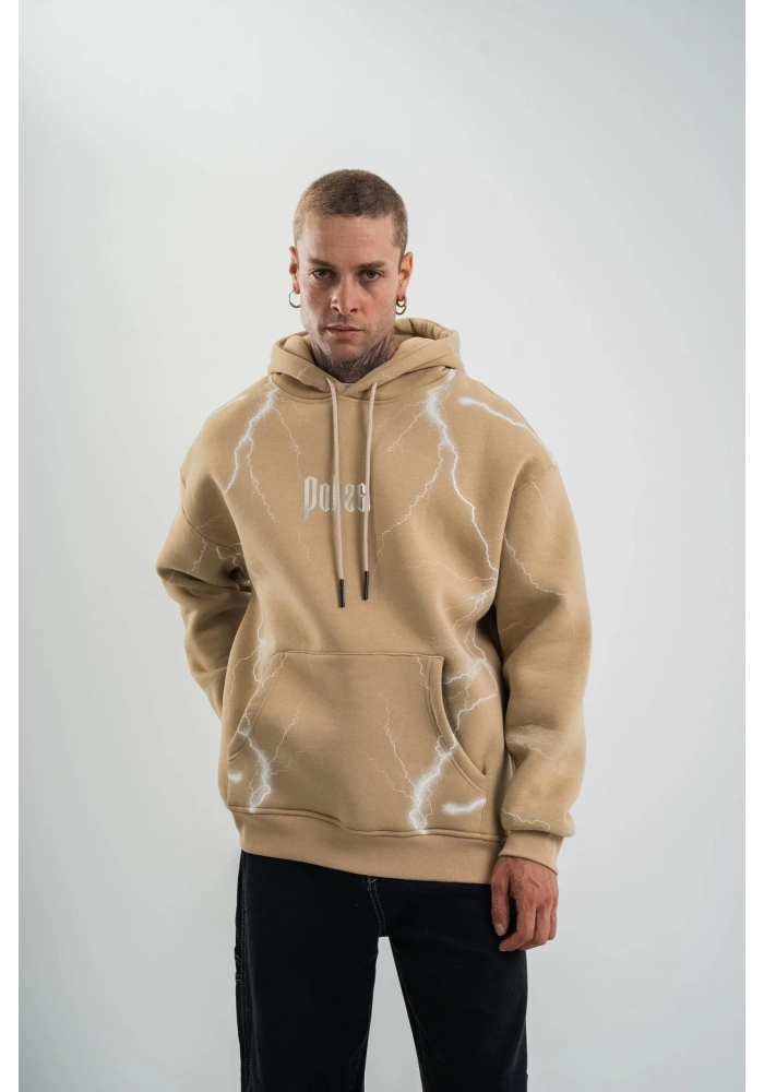 Erkek Baskılı Kapüşonlu Oversize 3 İplik Pamuklu SweatShirt Hoodie - Füme
