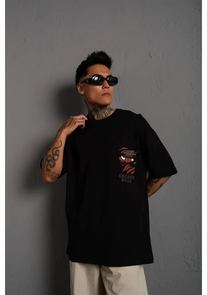 Erkek Sırt Baskılı A Kalite Oversize T-shirt - Siyah