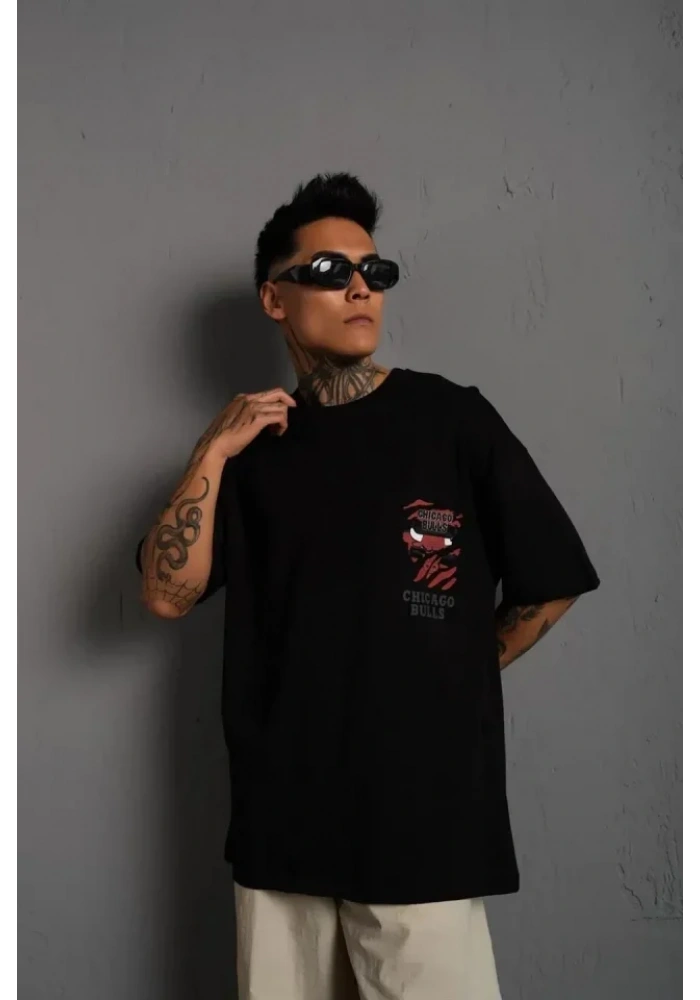 Erkek Sırt Baskılı A Kalite Oversize T-shirt - Siyah