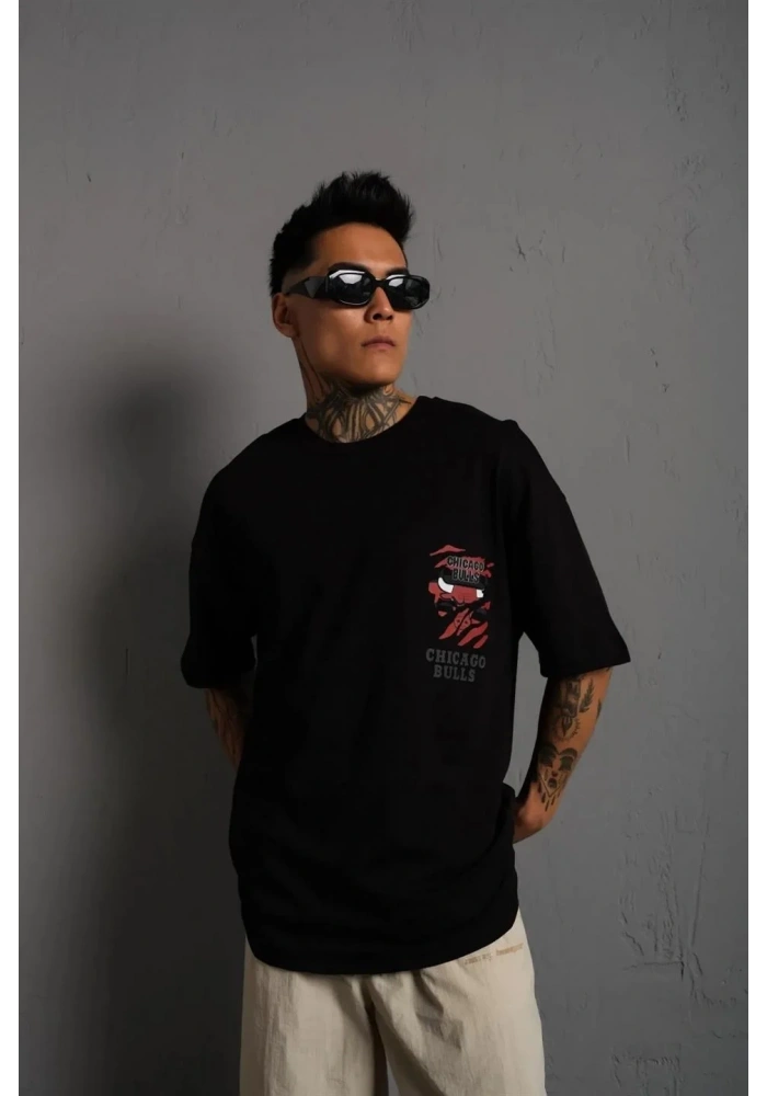 Erkek Sırt Baskılı A Kalite Oversize T-shirt - Siyah