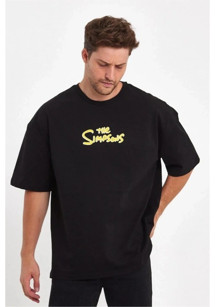 Erkek Sırt Baskılı Bisiklet Yaka Oversize T-shirt - Siyah