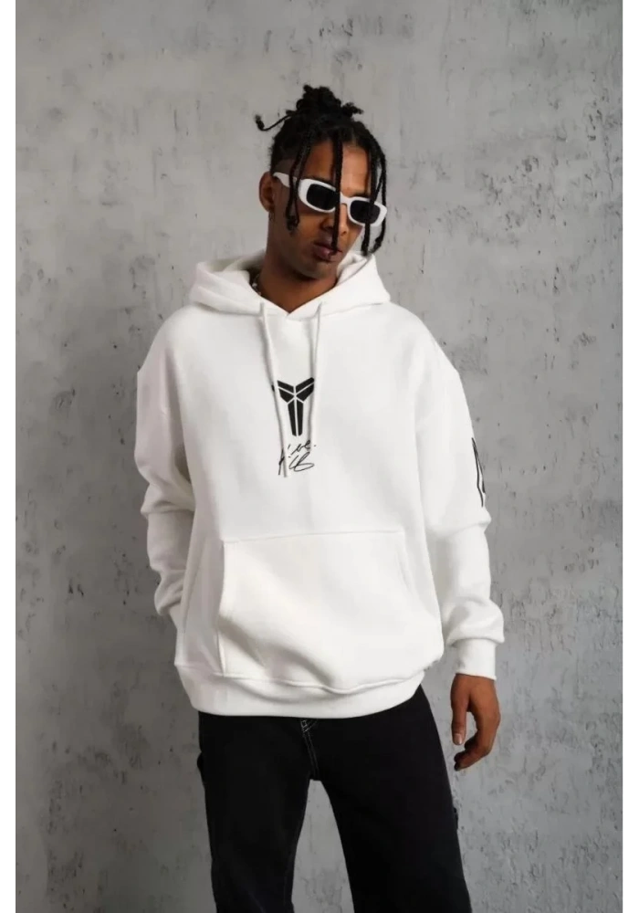 BErkek 3 İplik Pamuklu Kapüşonlu Baskılı Cepli Oversize Sweatshirt Hoodie - eyaz