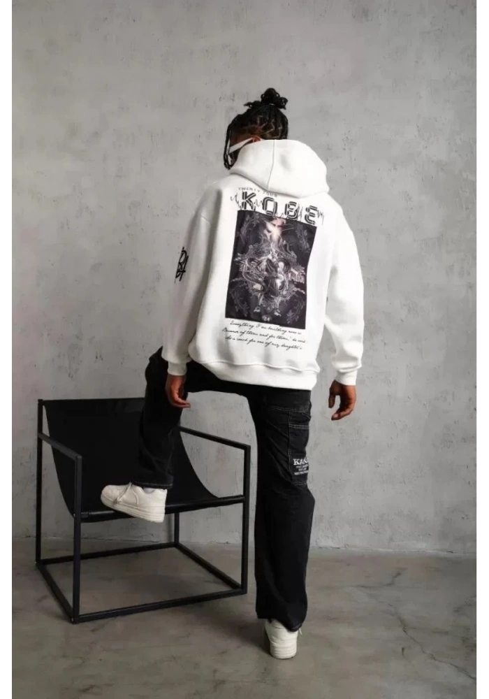 BErkek 3 İplik Pamuklu Kapüşonlu Baskılı Cepli Oversize Sweatshirt Hoodie - eyaz