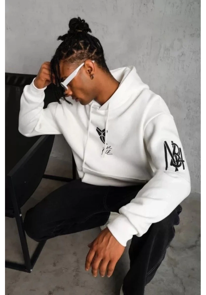 BErkek 3 İplik Pamuklu Kapüşonlu Baskılı Cepli Oversize Sweatshirt Hoodie - eyaz