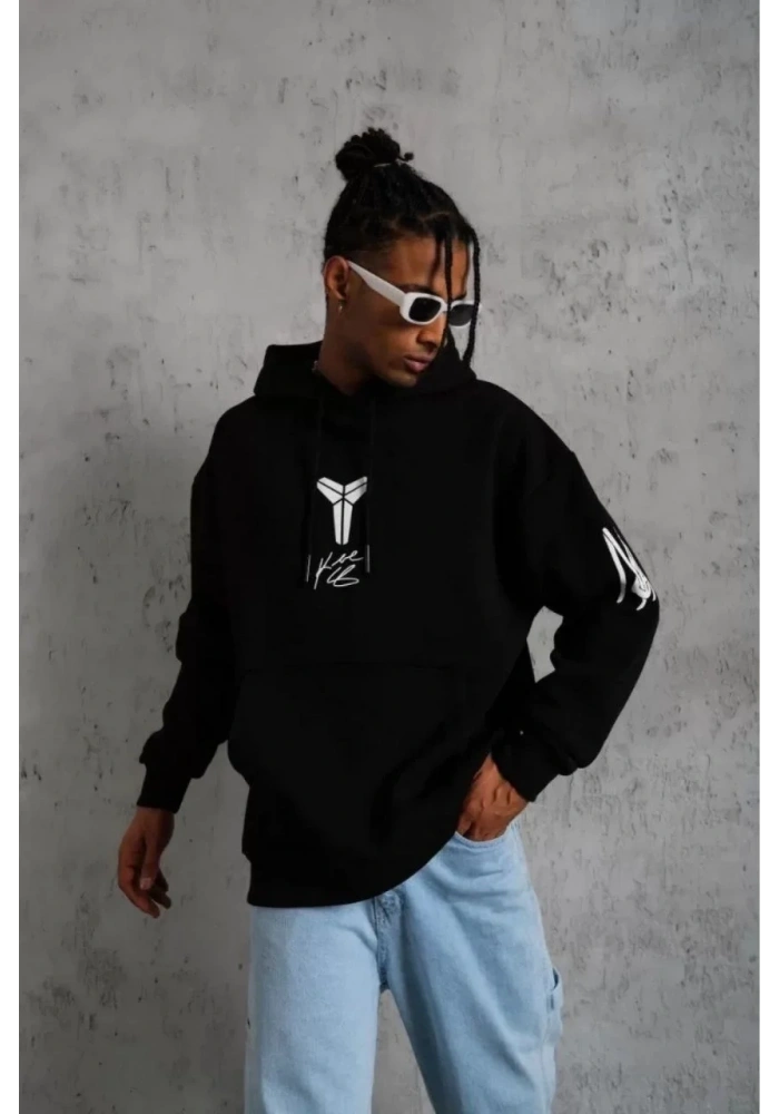 Erkek 3 İplik Pamuklu Kapüşonlu Kanguru Cepli Baskılı Oversize Hoodie Sweatshirt - Siyah
