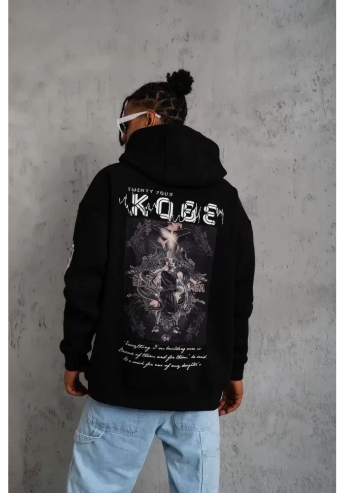Erkek 3 İplik Pamuklu Kapüşonlu Kanguru Cepli Baskılı Oversize Hoodie Sweatshirt - Siyah