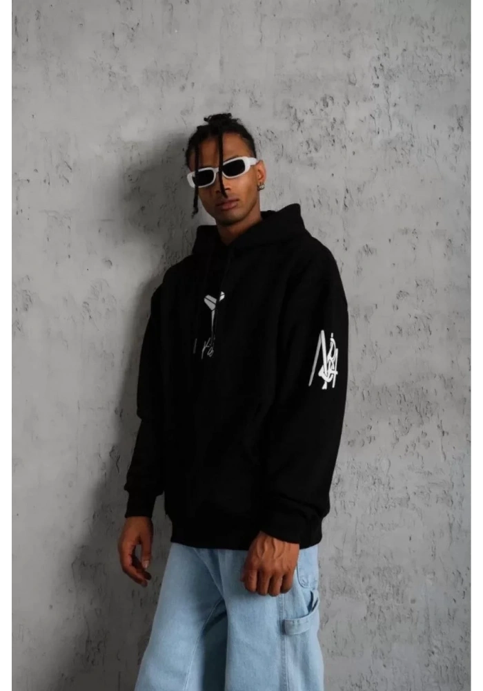 Erkek 3 İplik Pamuklu Kapüşonlu Kanguru Cepli Baskılı Oversize Hoodie Sweatshirt - Siyah