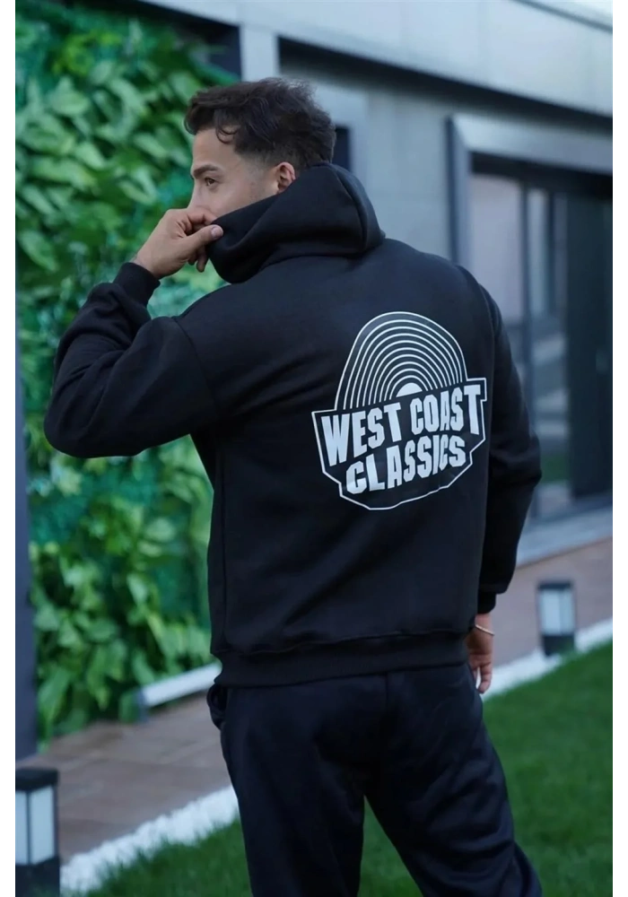 Erkek Sırt Baskılı Kapüşonlu Üç İplik Oversize Sweatshirt - Siyah