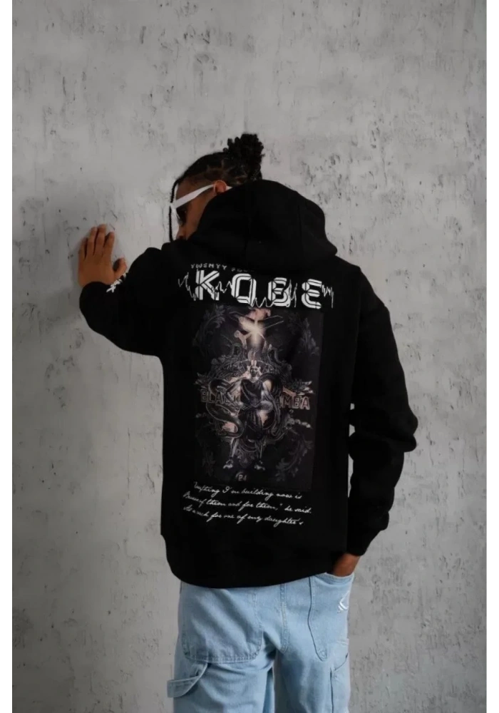 Erkek 3 İplik Pamuklu Kapüşonlu Kanguru Cepli Baskılı Oversize Hoodie Sweatshirt - Siyah