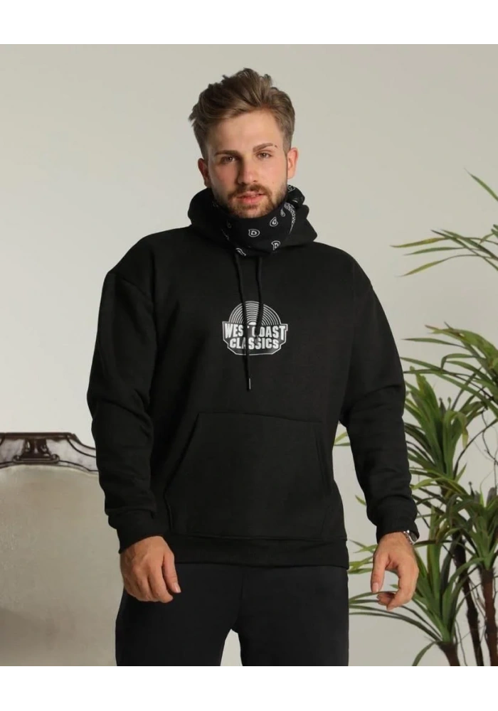 Erkek Sırt Baskılı Kapüşonlu Üç İplik Oversize Sweatshirt - Siyah