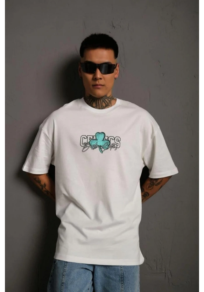 Erkek Kısa Kol Yazlık Tişört Bisiklet Yaka Baskılı Oversize T-Shirt - Beyaz
