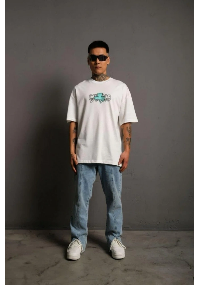 Erkek Kısa Kol Yazlık Tişört Bisiklet Yaka Baskılı Oversize T-Shirt - Beyaz
