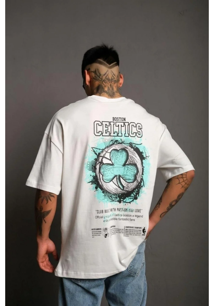 Erkek Kısa Kol Yazlık Tişört Bisiklet Yaka Baskılı Oversize T-Shirt - Beyaz