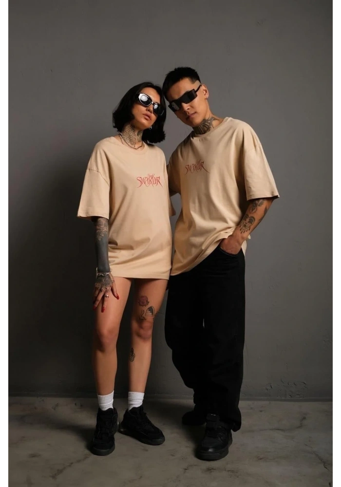 Erkek Sırt Baskılı Oversize T-shirt - Bej