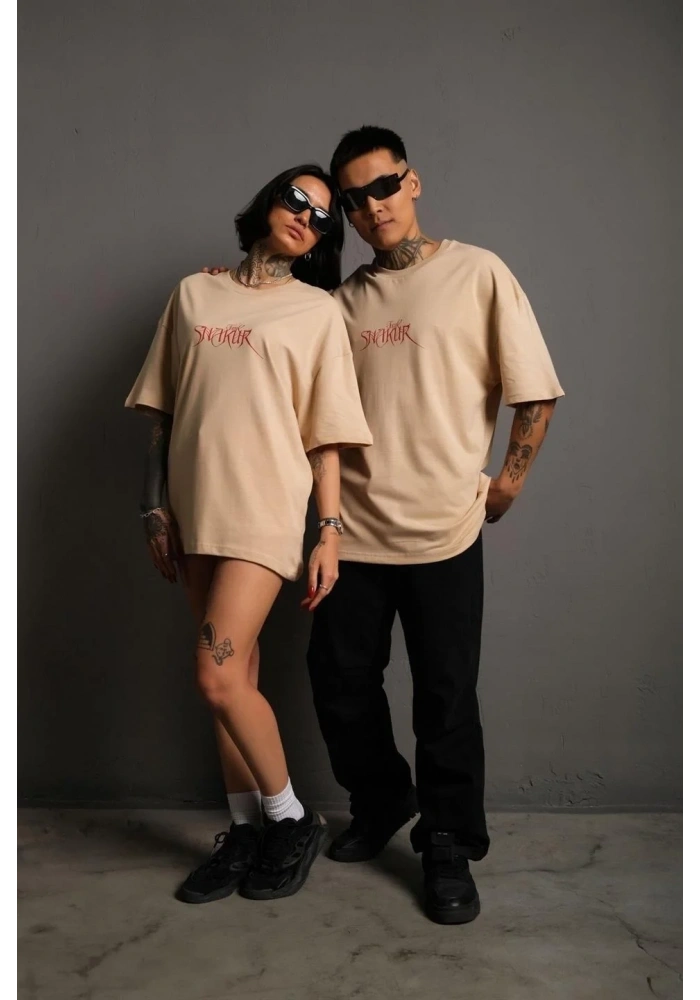 Erkek Sırt Baskılı Oversize T-shirt - Bej
