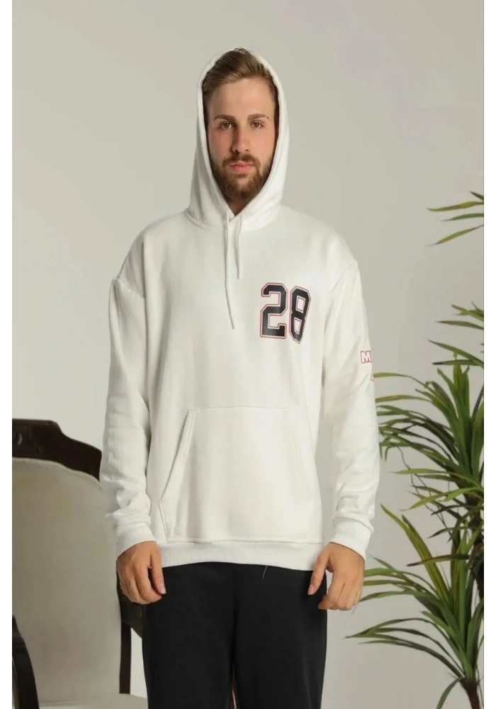 Erkek Sırt Baskılı Oversize Üç İplik Kapüşonlu Sweatshirt - Beyaz