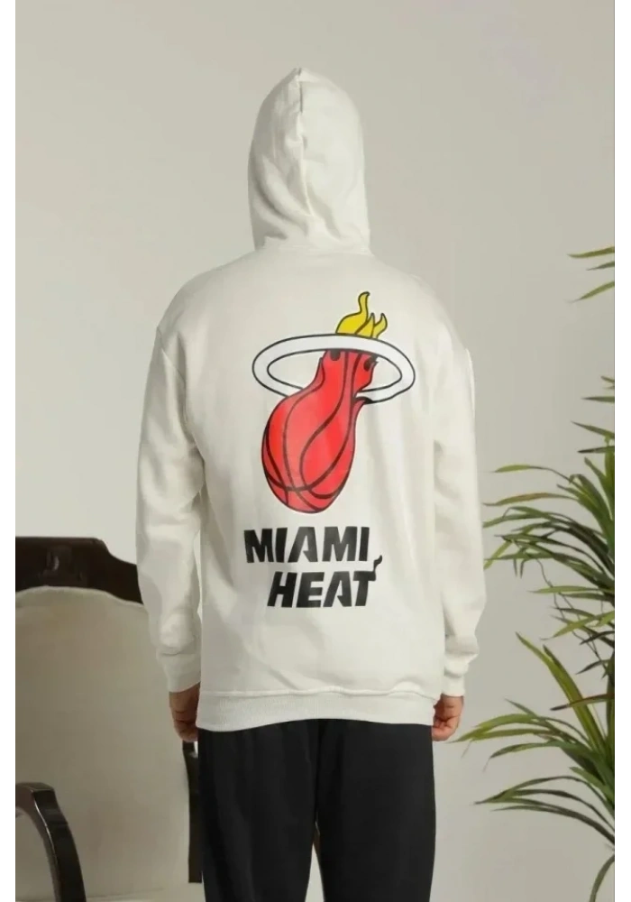 Erkek Sırt Baskılı Oversize Üç İplik Kapüşonlu Sweatshirt - Beyaz