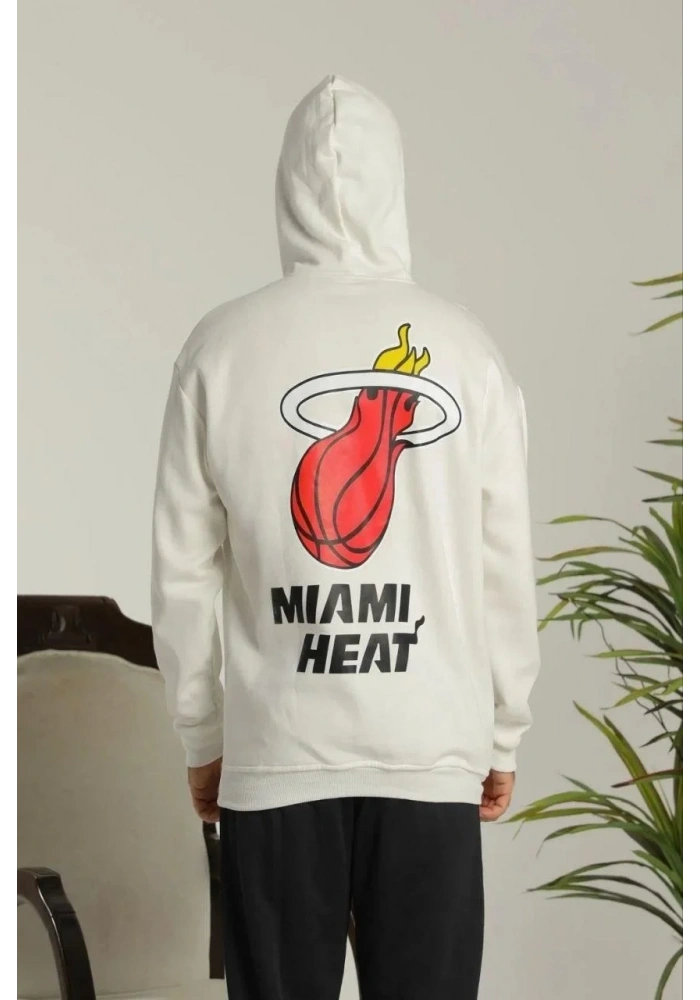 Erkek 3 İplik Pamuklu Kapüşonlu Baskılı Cepli Oversize Sweatshirt Hoodie - Beyaz