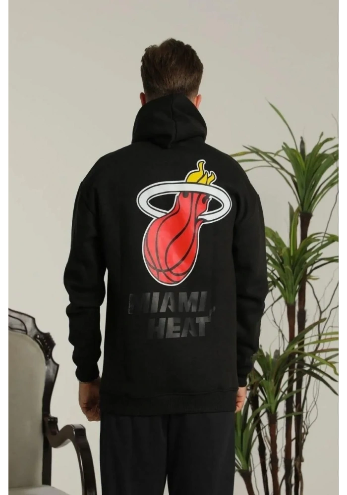 Erkek 3 İplik Pamuklu Kapüşonlu Baskılı Cepli Oversize Sweatshirt Hoodie - Siyah