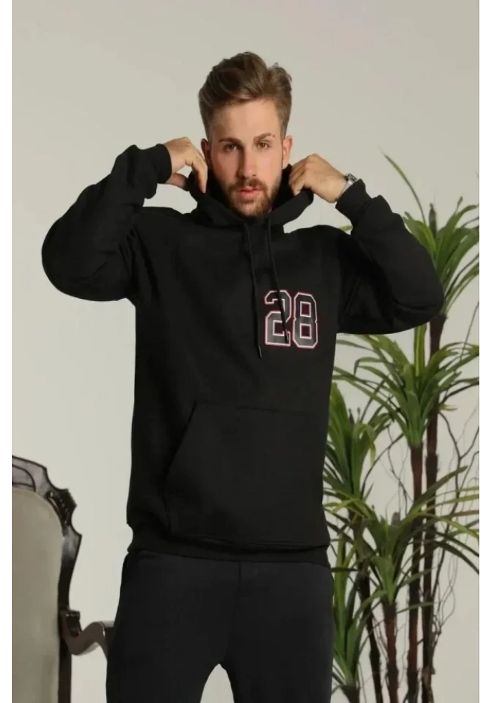 Erkek Sırt Baskılı Oversize Üç İplik Kapüşonlu Sweatshirt - Siyah