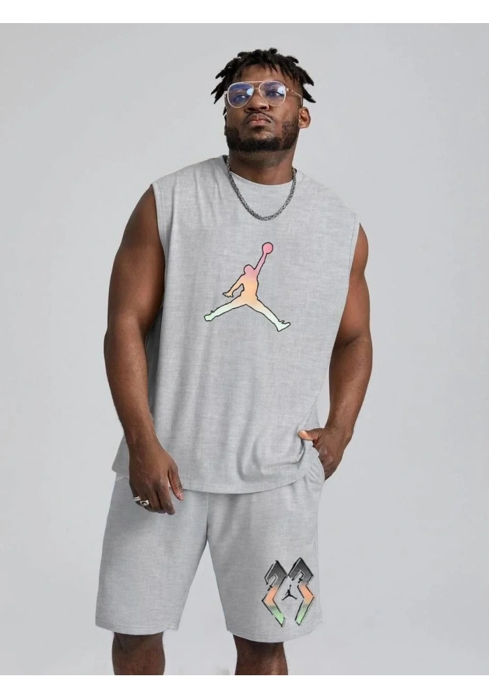 Erkek Sırt Baskılı Sıfır Kol İkili Şort Alt-Üst Takım - Gri