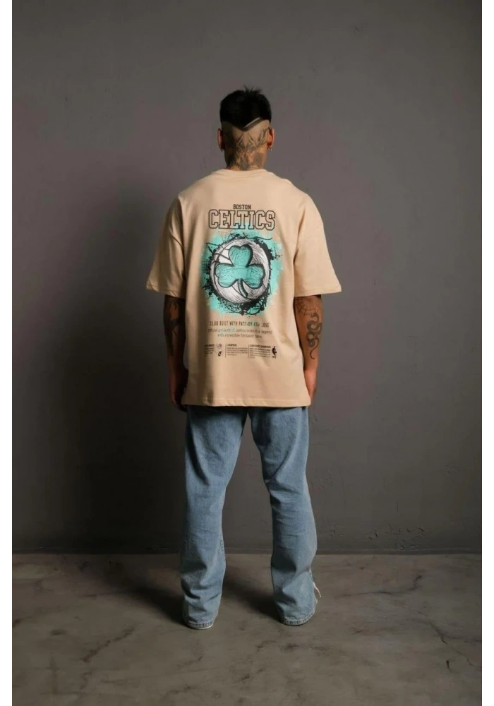 Erkek Kısa Kol Yazlık Tişört Bisiklet Yaka Baskılı Oversize T-Shirt - Bej